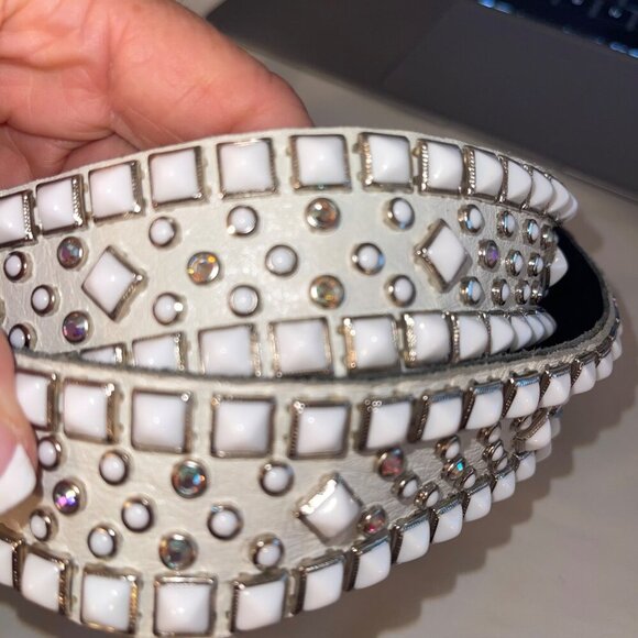 Rn Design Womens Belt Size Large White Leather Studded Swarosky Crystals main image 13